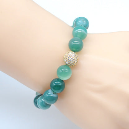 CGB261 Green Banded Agate With Zircon Ball Stretch Bracelet Round 10mm 12mm