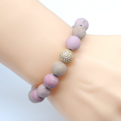 CGB261 Pink Wood Jasper With Zircon Ball Stretch Bracelet Matte Round 10mm 12mm