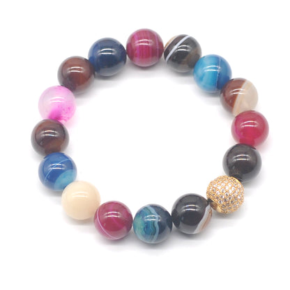 CGB262 Colorful Banded Agate With Zircon Ball Stretch Bracelet Round 10mm 12mm