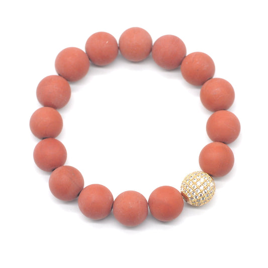 CGB262 Red Wood Jasper With Zircon Ball Stretch Bracelet Matte Round 10mm 12mm