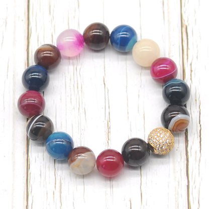 CGB262 Colorful Banded Agate With Zircon Ball Stretch Bracelet Round 10mm 12mm