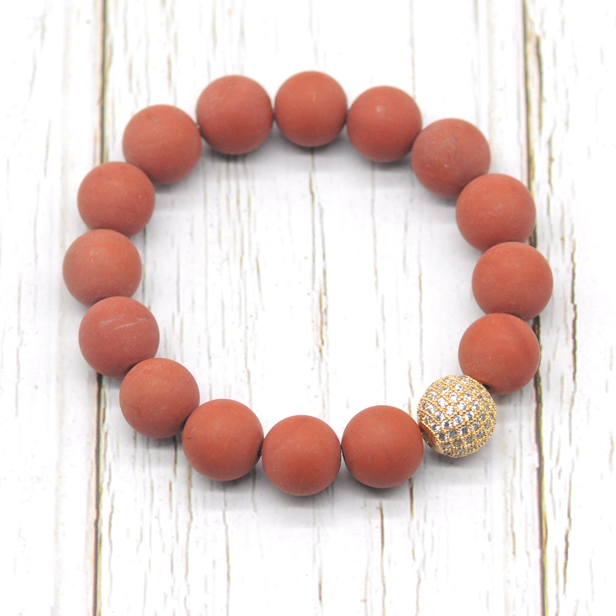 CGB262 Red Wood Jasper With Zircon Ball Stretch Bracelet Matte Round 10mm 12mm