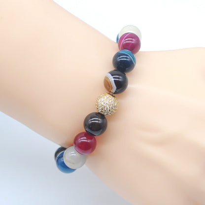 CGB262 Colorful Banded Agate With Zircon Ball Stretch Bracelet Round 10mm 12mm