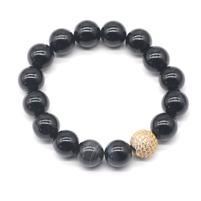 CGB263 Black Banded Agate With Zircon Ball Stretch Bracelet Round 10mm 12mm