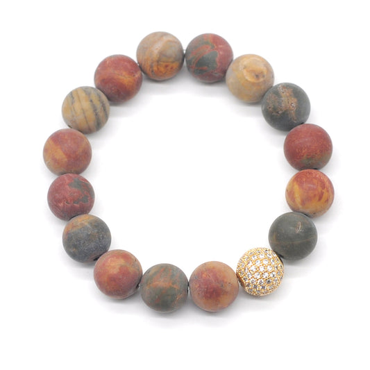 CGB263 Picasso Jasper With Zircon Ball Stretch Bracelet Matte Round 10mm 12mm