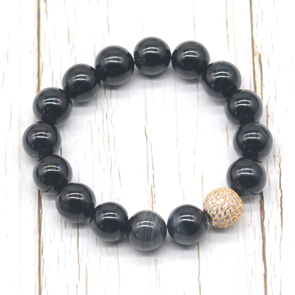 CGB263 Black Banded Agate With Zircon Ball Stretch Bracelet Round 10mm 12mm