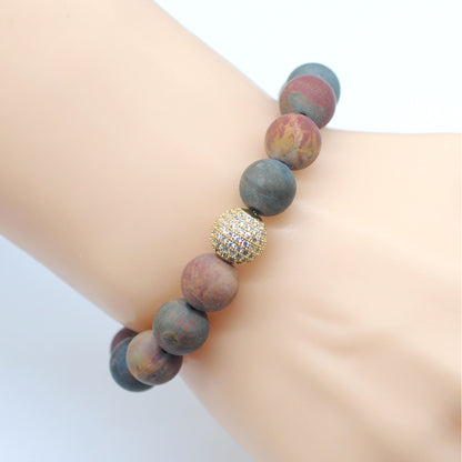 CGB263 Picasso Jasper With Zircon Ball Stretch Bracelet Matte Round 10mm 12mm