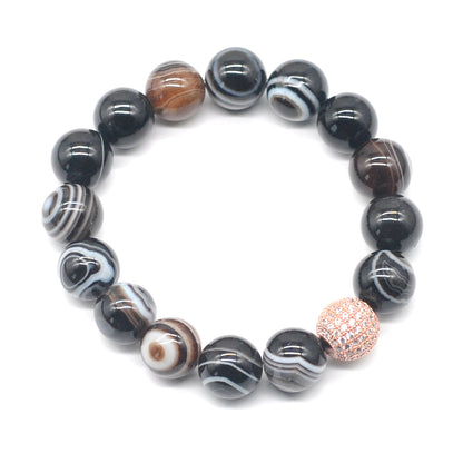 CGB264 Black Banded Agate With Zircon Ball Stretch Bracelet Round 10mm 12mm