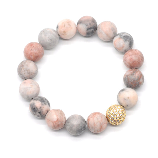 CGB264 Pink Zebra Jasper With Zircon Ball Stretch Bracelet Matte Round 10mm 12mm