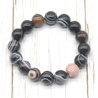 CGB264 Black Banded Agate With Zircon Ball Stretch Bracelet Round 10mm 12mm