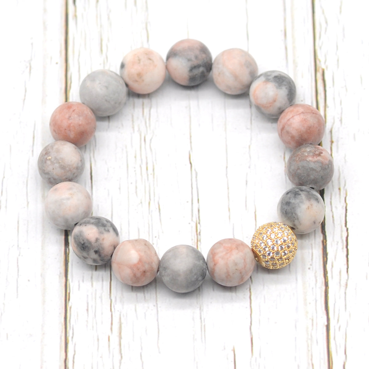 CGB264 Pink Zebra Jasper With Zircon Ball Stretch Bracelet Matte Round 10mm 12mm