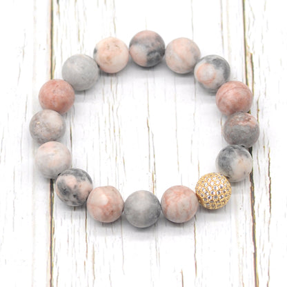 CGB264 Pink Zebra Jasper With Zircon Ball Stretch Bracelet Matte Round 10mm 12mm