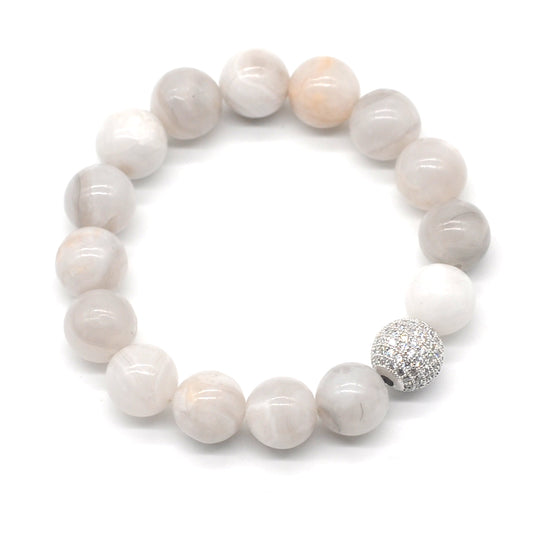 CGB265 White Crazy Lace Agate With Zircon Ball Stretch Bracelet Round 10mm 12mm