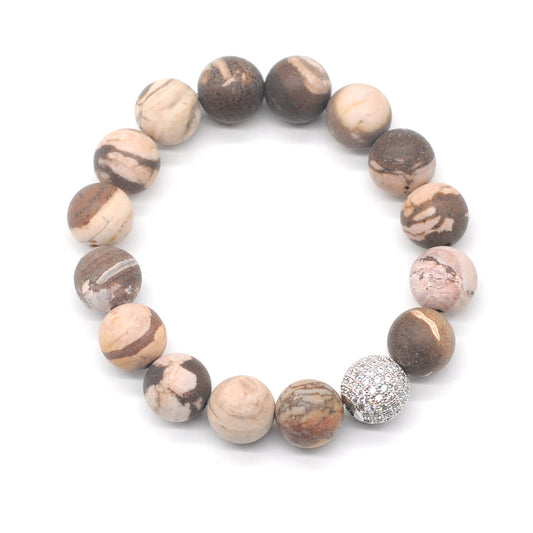 CGB265 Australian Zebra Jasper With Zircon Ball Stretch Bracelet Matte Round 10mm 12mm