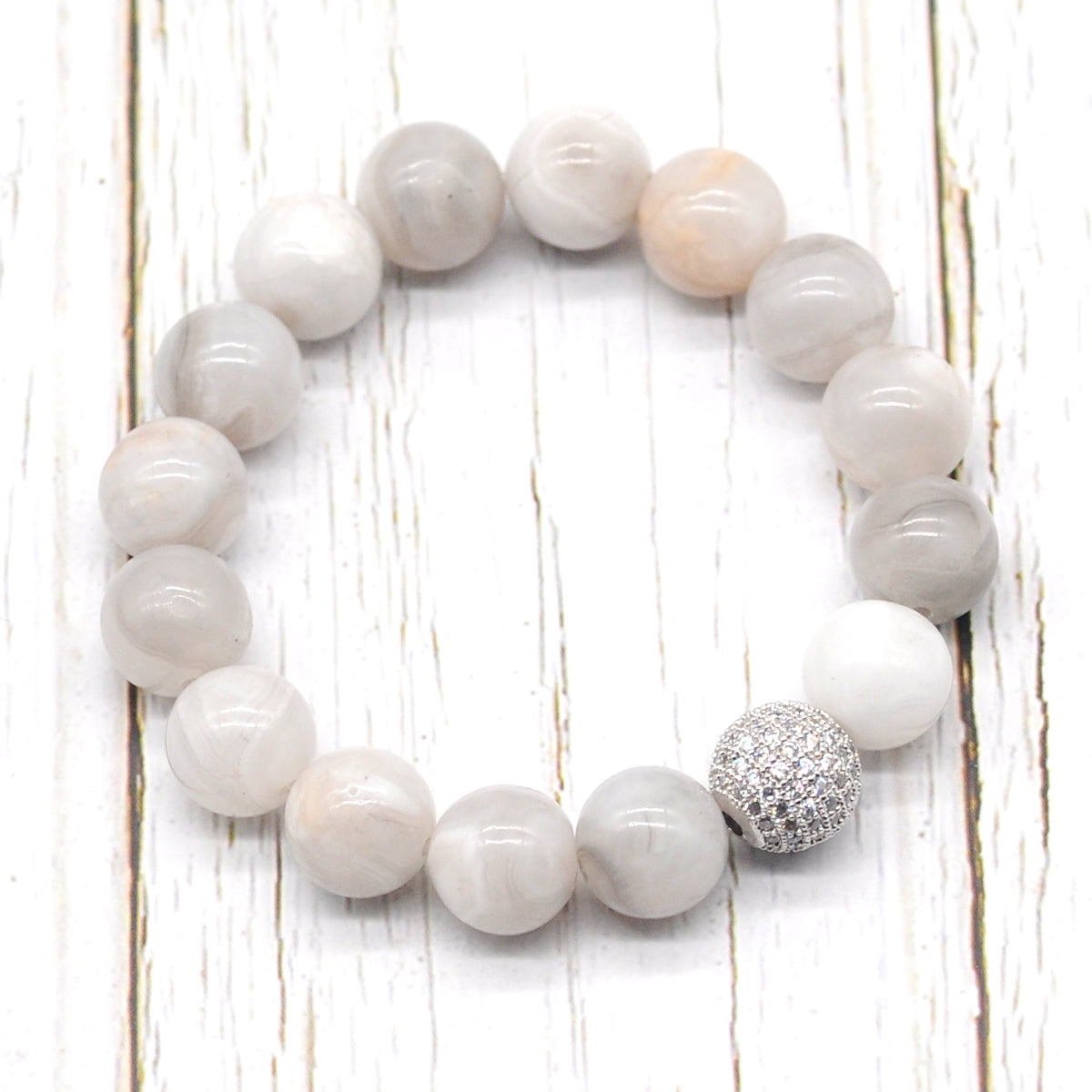 CGB265 White Crazy Lace Agate With Zircon Ball Stretch Bracelet Round 10mm 12mm