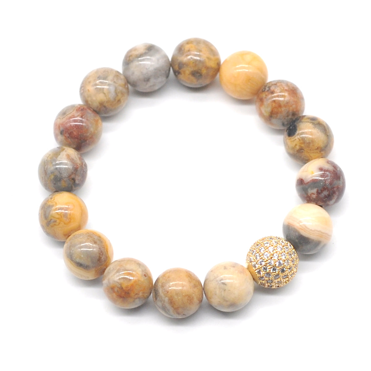 CGB266 Yellow Crazy Lace Agate With Zircon Ball Stretch Bracelet Round 10mm 12mm