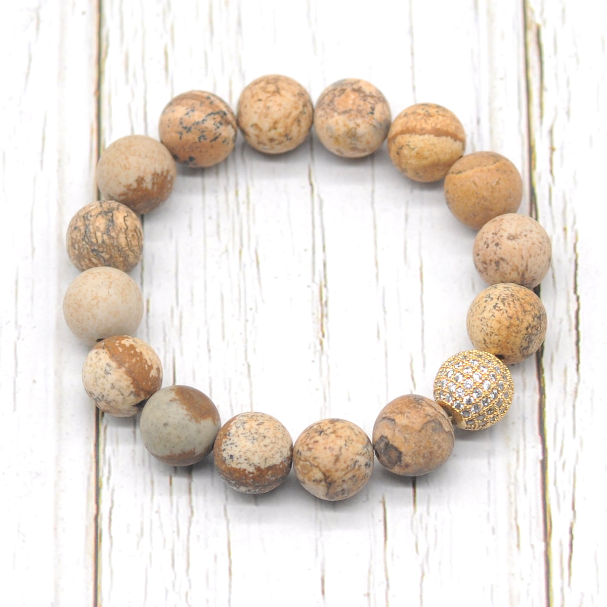 CGB266 Picture Jasper With Zircon Ball Stretch Bracelet Matte Round 10mm 12mm