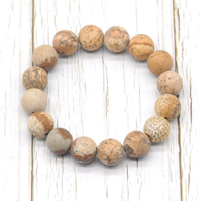 CGB266 Picture Jasper With Zircon Ball Stretch Bracelet Matte Round 10mm 12mm