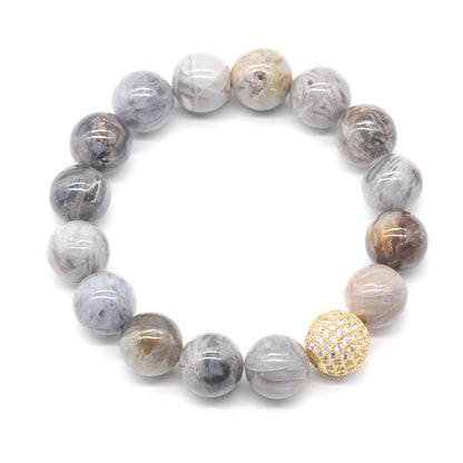 CGB267 Bamboo Leaf Agate With Zircon Ball Stretch Bracelet Round 10mm 12mm