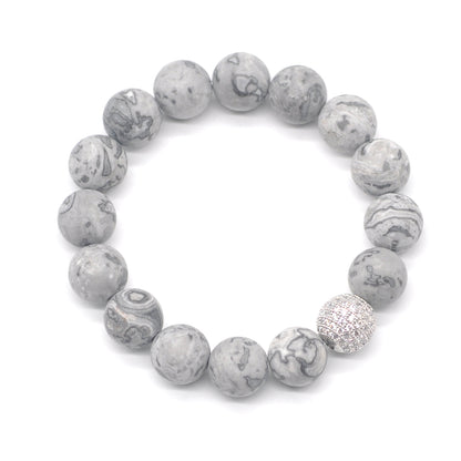 CGB267 Grey Picture Jasper With Zircon Ball Stretch Bracelet Matte Round 10mm 12mm