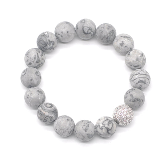 CGB267 Grey Picture Jasper With Zircon Ball Stretch Bracelet Matte Round 10mm 12mm