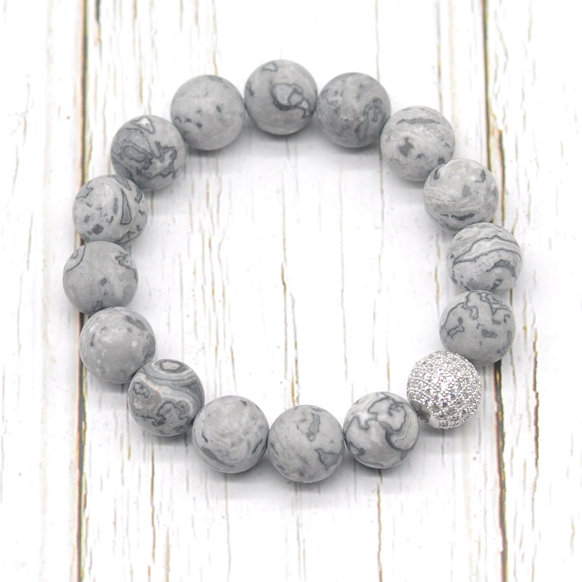 CGB267 Grey Picture Jasper With Zircon Ball Stretch Bracelet Matte Round 10mm 12mm