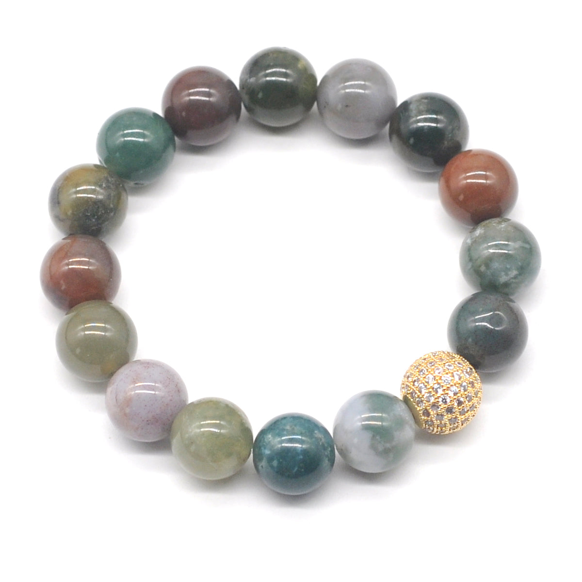 CGB269 Indian Agate With Zircon Ball Stretch Bracelet Round 10mm 12mm