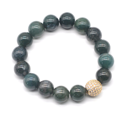 CGB270 Moss Agate With Zircon Ball Stretch Bracelet Round 10mm 12mm