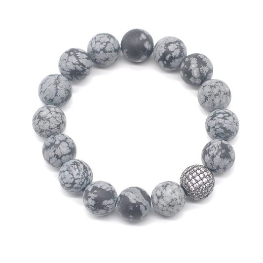 CGB270 Snowflake Obsidian With Zircon Ball Stretch Bracelet Matte Round 10mm 12mm