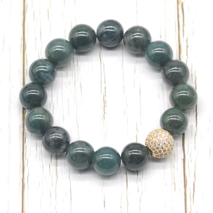 CGB270 Moss Agate With Zircon Ball Stretch Bracelet Round 10mm 12mm