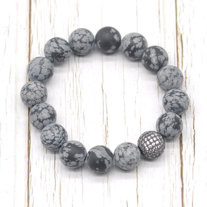 CGB270 Snowflake Obsidian With Zircon Ball Stretch Bracelet Matte Round 10mm 12mm