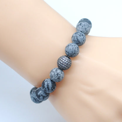 CGB270 Snowflake Obsidian With Zircon Ball Stretch Bracelet Matte Round 10mm 12mm