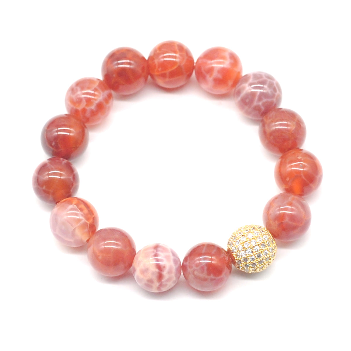 CGB271 Fire Agate With Zircon Ball Stretch Bracelet Round 10mm 12mm