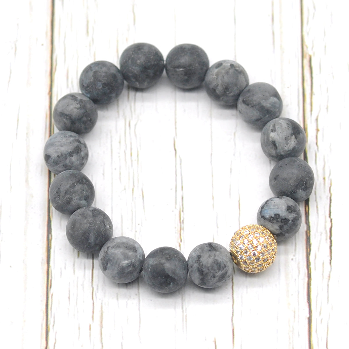 CGB271 Black Labradorite With Zircon Ball Stretch Bracelet Matte Round 10mm 12mm