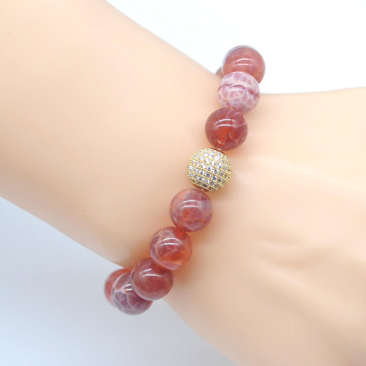 CGB271 Fire Agate With Zircon Ball Stretch Bracelet Round 10mm 12mm