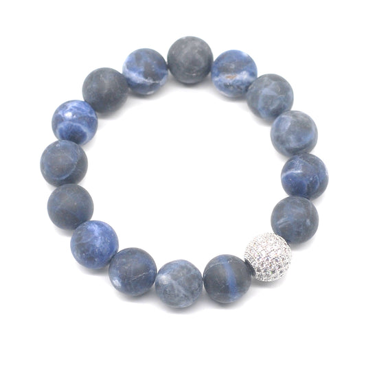 CGB272 Sodalite Gemstone With Zircon Ball Stretch Bracelet Matte Round 10mm 12mm