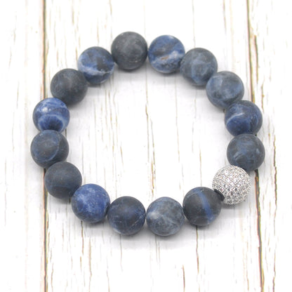 CGB272 Sodalite Gemstone With Zircon Ball Stretch Bracelet Matte Round 10mm 12mm