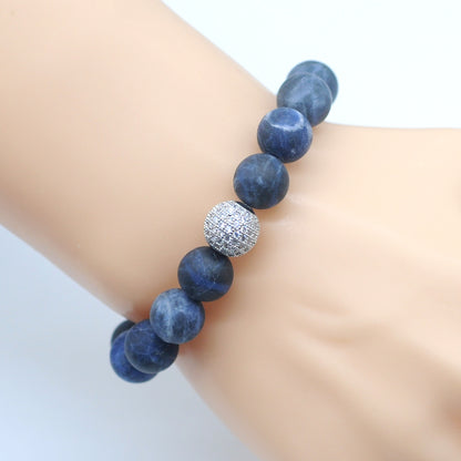 CGB272 Sodalite Gemstone With Zircon Ball Stretch Bracelet Matte Round 10mm 12mm