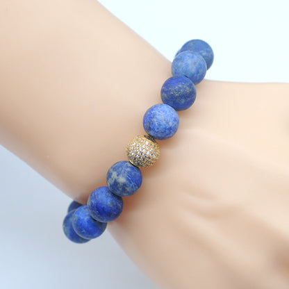 CGB273 Lapis Lazuli With Zircon Ball Stretch Bracelet Matte Round 10mm 12mm