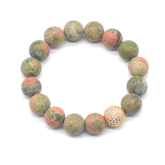 CGB274 Unakite Gemstone With Zircon Ball Stretch Bracelet Matte Round 10mm 12mm