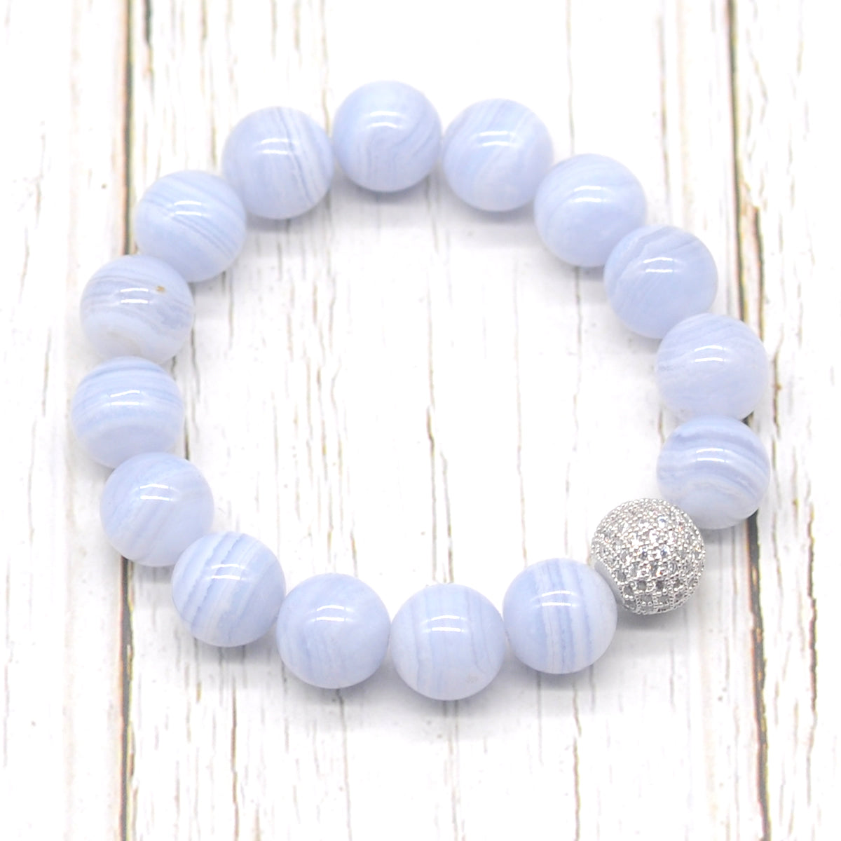 CGB274 Blue Lace Agate With Zircon Ball Stretch Bracelet Round 10mm 12mm