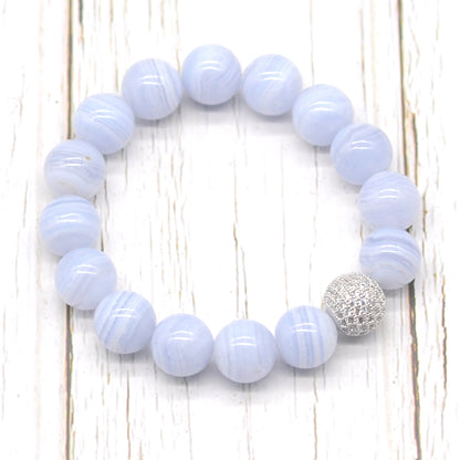 CGB274 Blue Lace Agate With Zircon Ball Stretch Bracelet Round 10mm 12mm