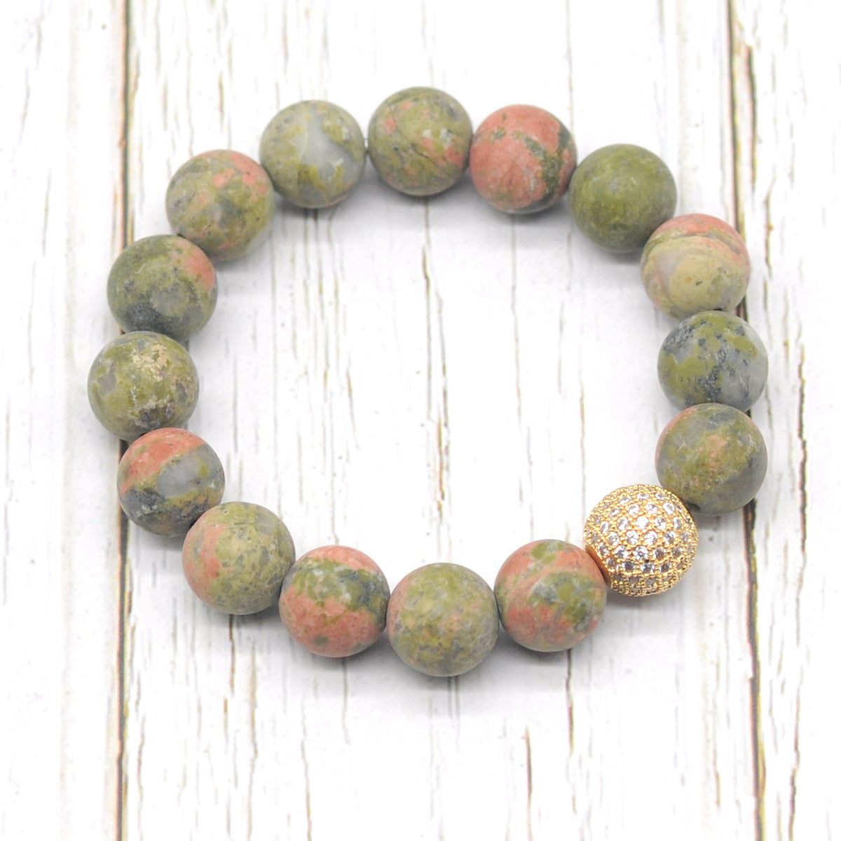 CGB274 Unakite Gemstone With Zircon Ball Stretch Bracelet Matte Round 10mm 12mm