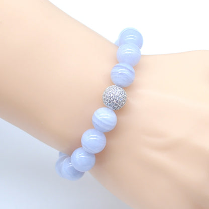 CGB274 Blue Lace Agate With Zircon Ball Stretch Bracelet Round 10mm 12mm