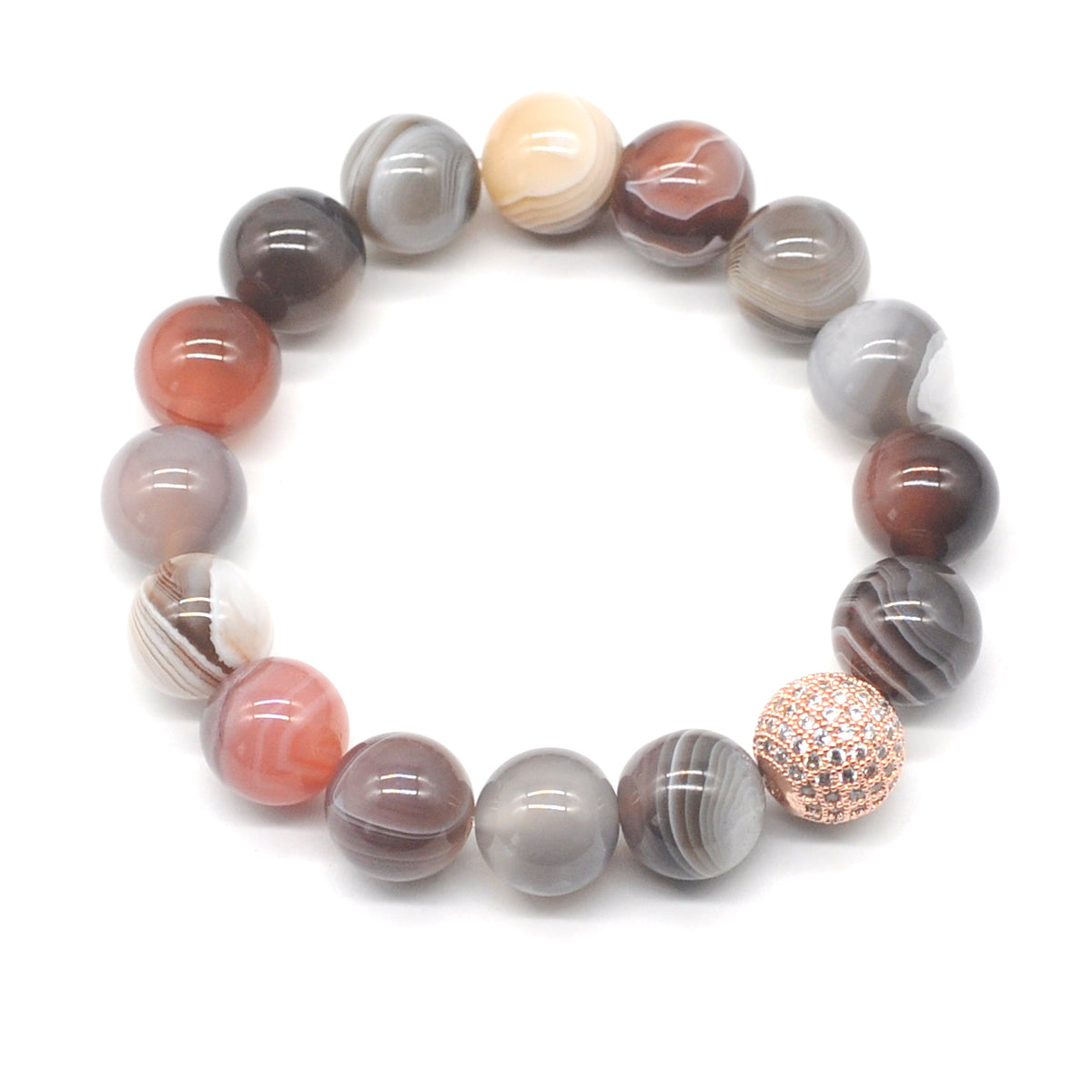 CGB275 Botswana Agate With Zircon Ball Stretch Bracelet Round 10mm 12mm