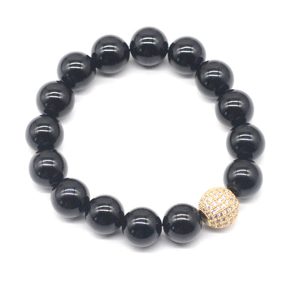 CGB276 Black Agate With Zircon Ball Stretch Bracelet Round 10mm 12mm