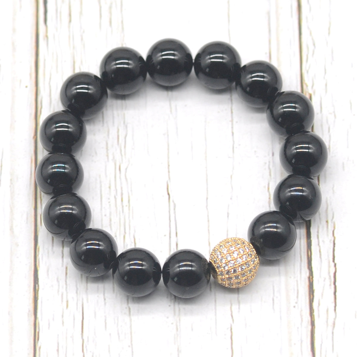 CGB276 Black Agate With Zircon Ball Stretch Bracelet Round 10mm 12mm