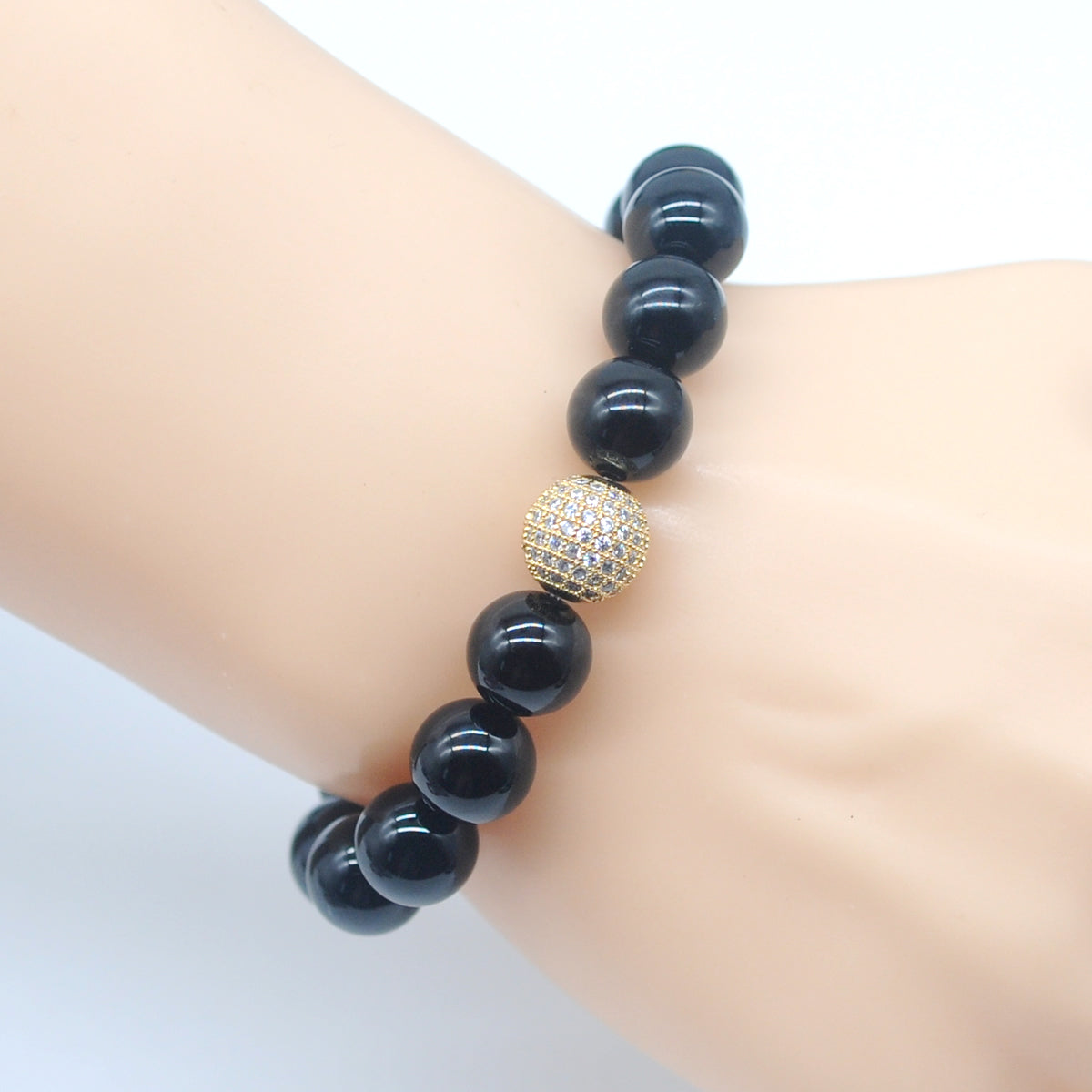 CGB276 Black Agate With Zircon Ball Stretch Bracelet Round 10mm 12mm