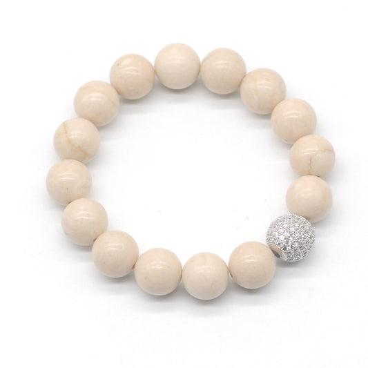 CGB280 White Fossil Jasper With Zircon Ball Stretch Bracelet Round 10mm 12mm