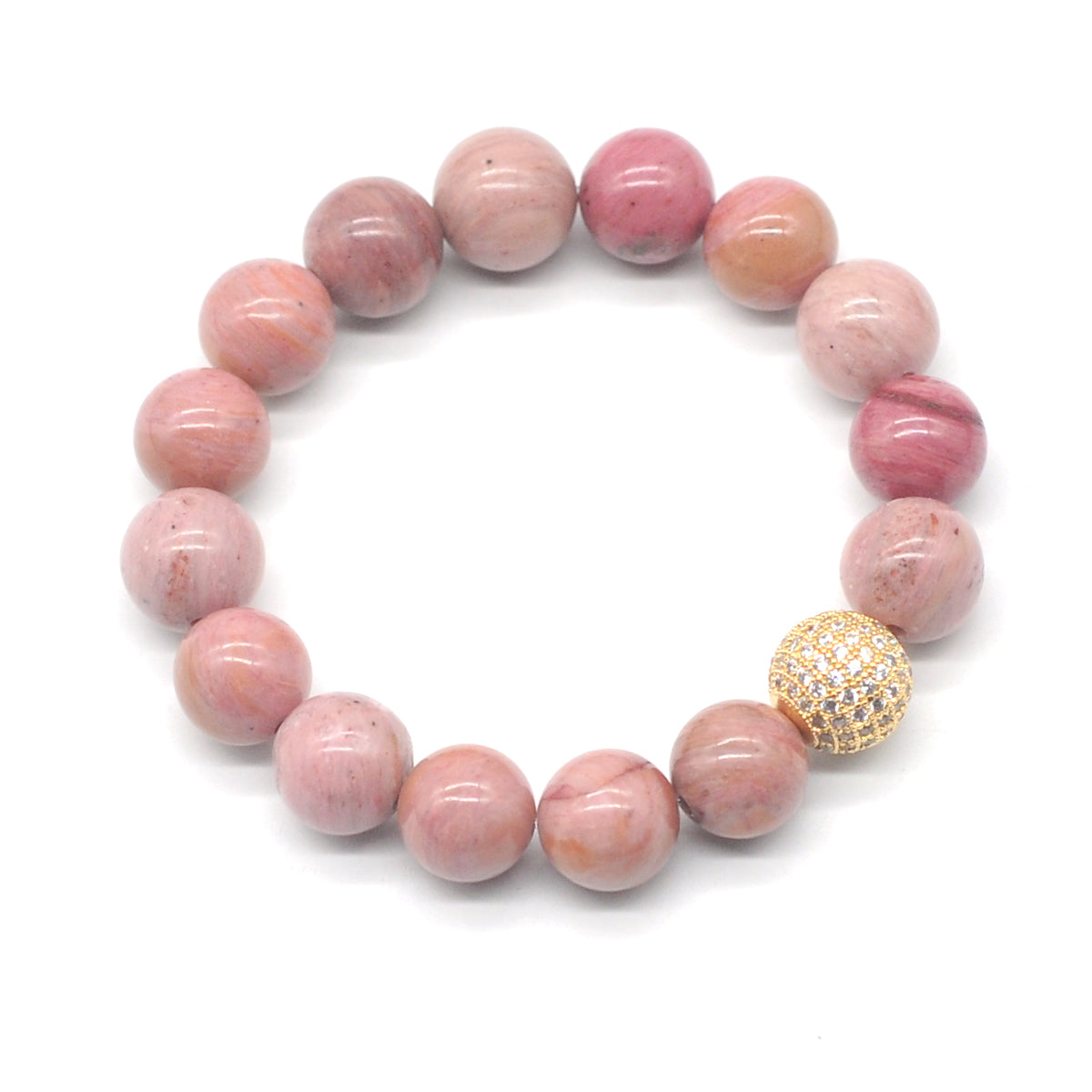 CGB281 Pink Wood Jasper With Zircon Ball Stretch Bracelet Round 10mm 12mm